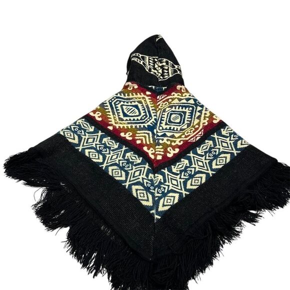Boho Fringe Hooded Poncho Multicolor Aztec Kids One Size Winter - Picture 4 of 6
